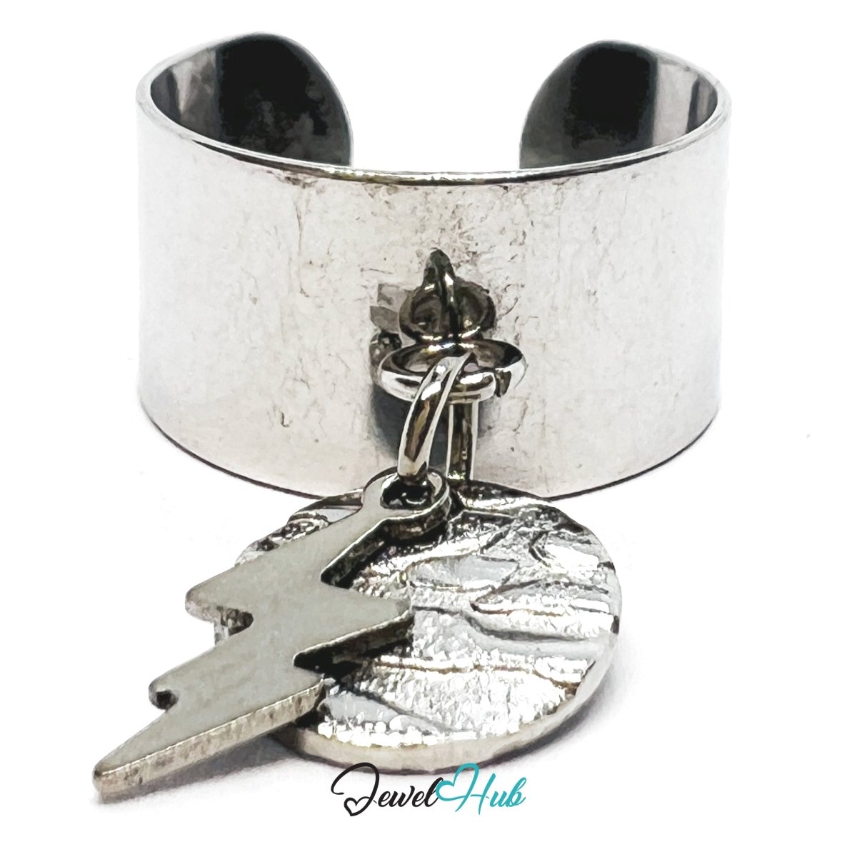 Stainless Steel DuoCharm Ring – Silver - Plated with Lightning Bolt + Relief Disc - JewelHub.co.uk