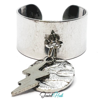 Stainless Steel DuoCharm Ring – Silver - Plated with Lightning Bolt + Relief Disc - JewelHub.co.uk