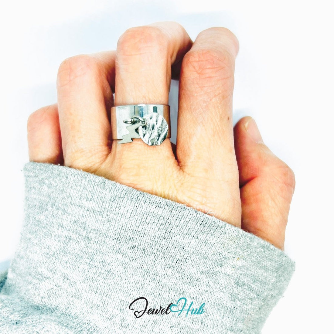 Stainless Steel DuoCharm Ring – Silver - Plated with Lightning Bolt + Relief Disc - JewelHub.co.uk