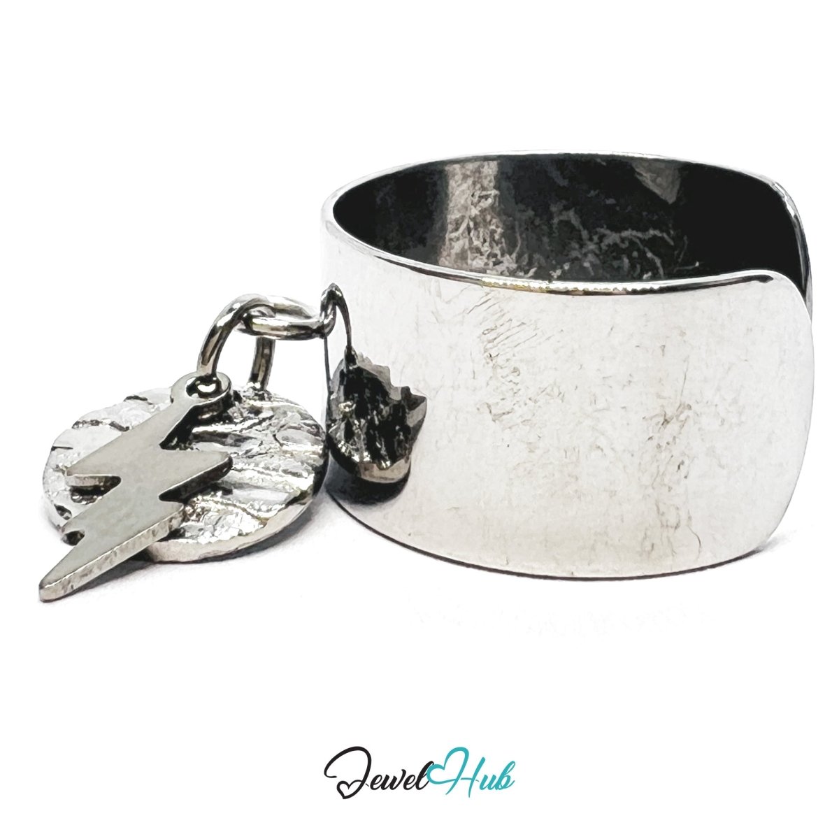 Stainless Steel DuoCharm Ring – Silver - Plated with Lightning Bolt + Relief Disc - JewelHub.co.uk