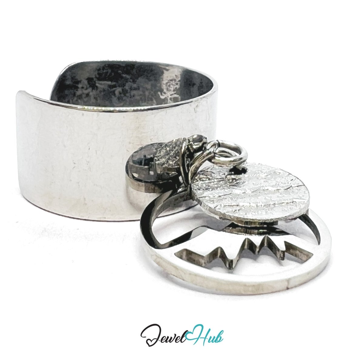 Stainless Steel DuoCharm Ring – Silver - Plated with Mountain Cutout + Relief Oval - JewelHub.co.uk