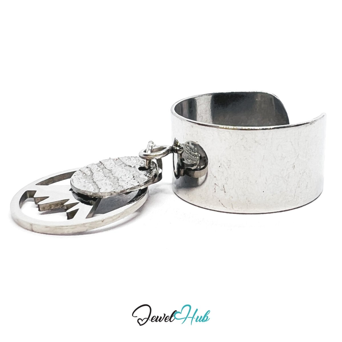 Stainless Steel DuoCharm Ring – Silver - Plated with Mountain Cutout + Relief Oval - JewelHub.co.uk
