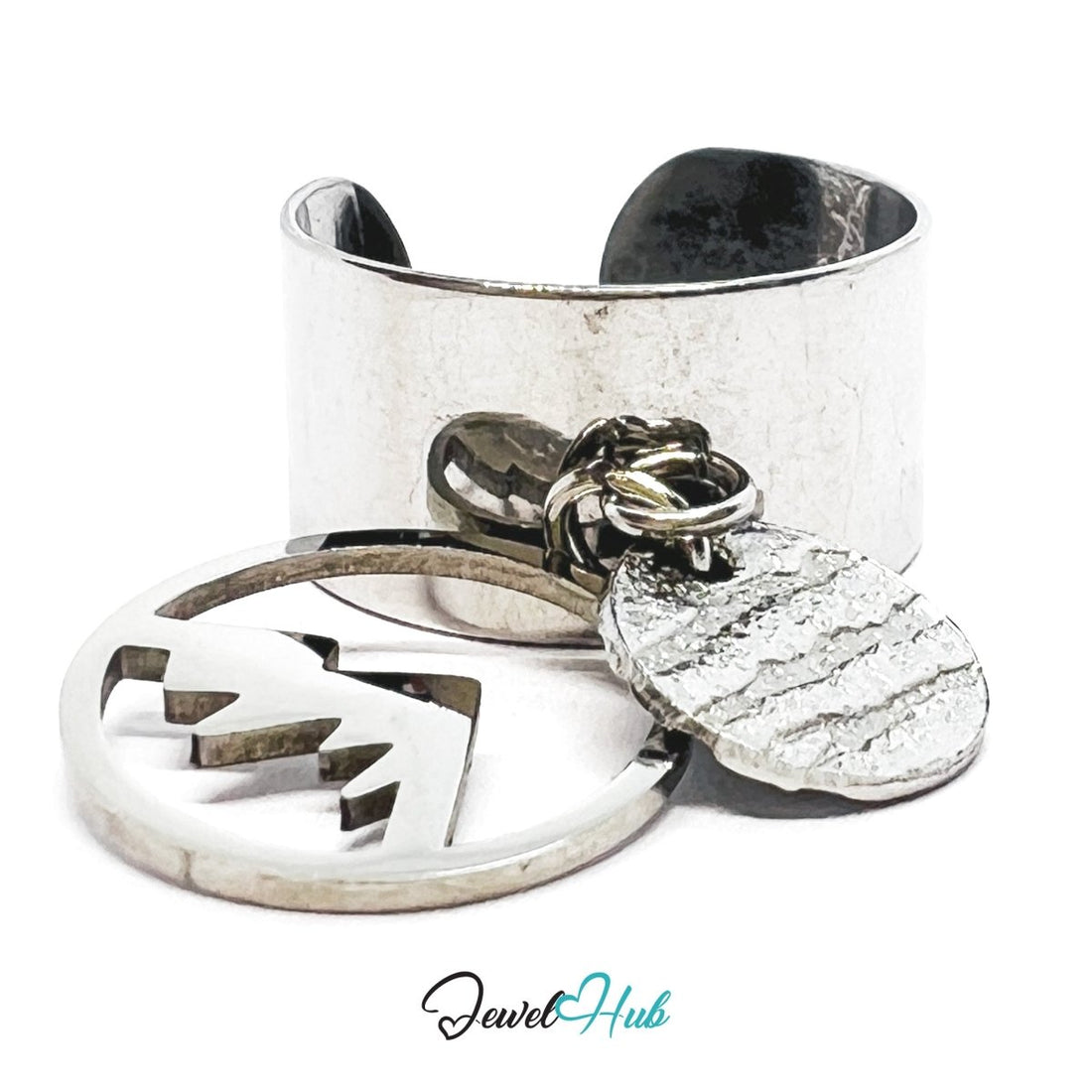 Stainless Steel DuoCharm Ring – Silver - Plated with Mountain Cutout + Relief Oval - JewelHub.co.uk