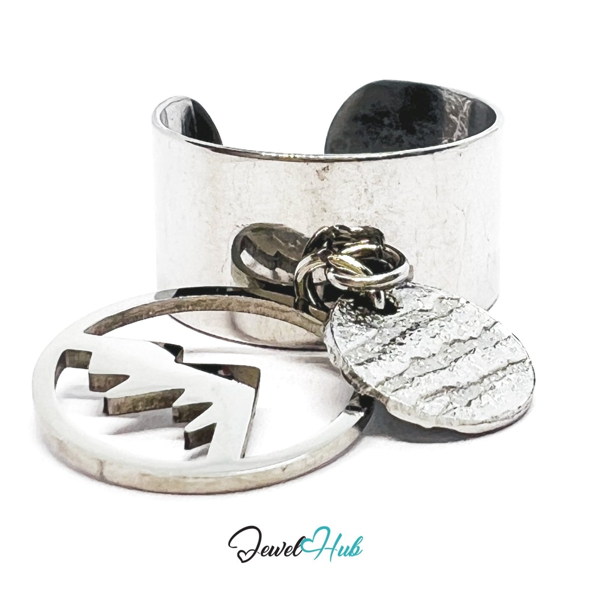 Stainless Steel DuoCharm Ring – Silver - Plated with Mountain Cutout + Relief Oval - JewelHub.co.uk