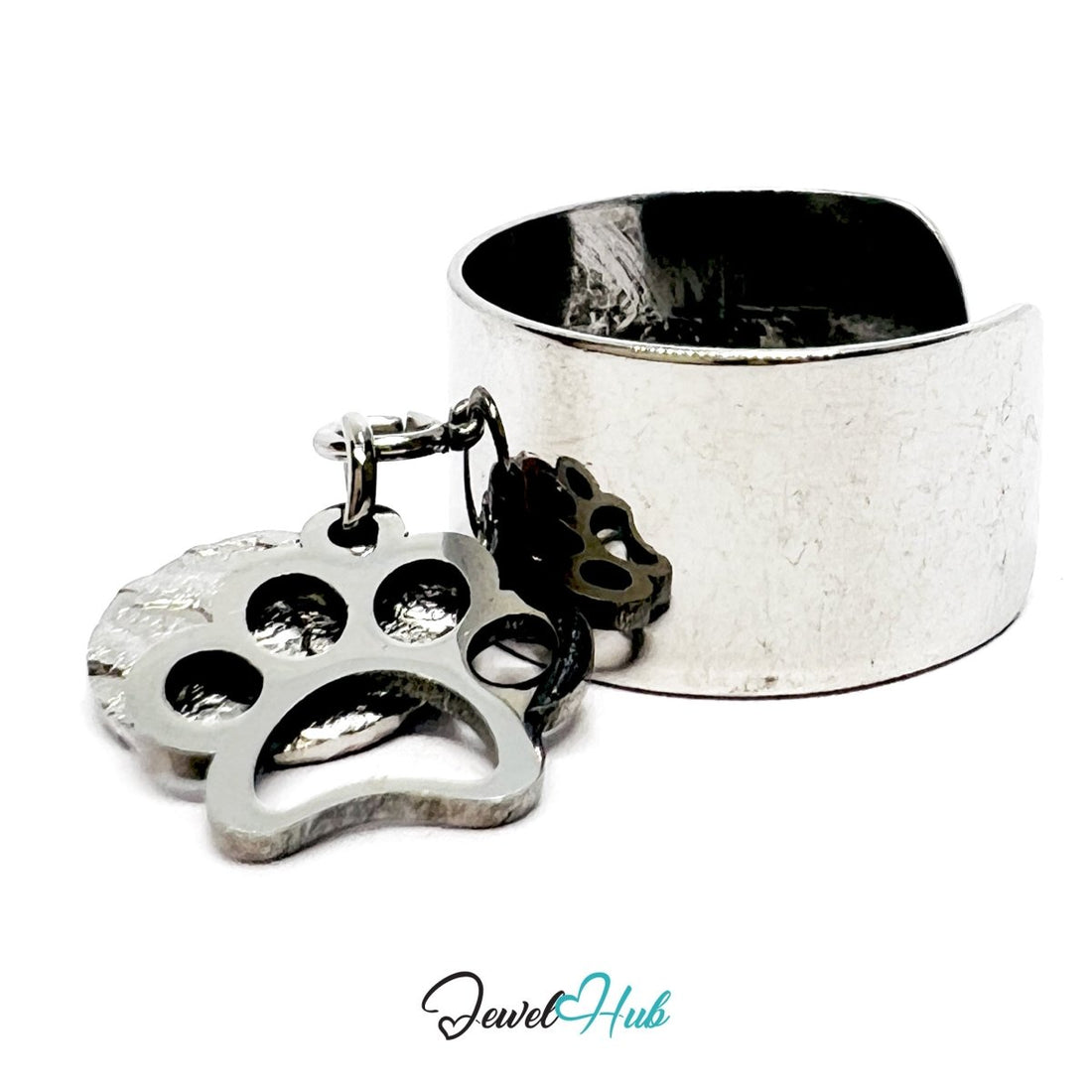 Stainless Steel DuoCharm Ring – Silver - Plated with Paw Cutout + Relief Tag - JewelHub.co.uk