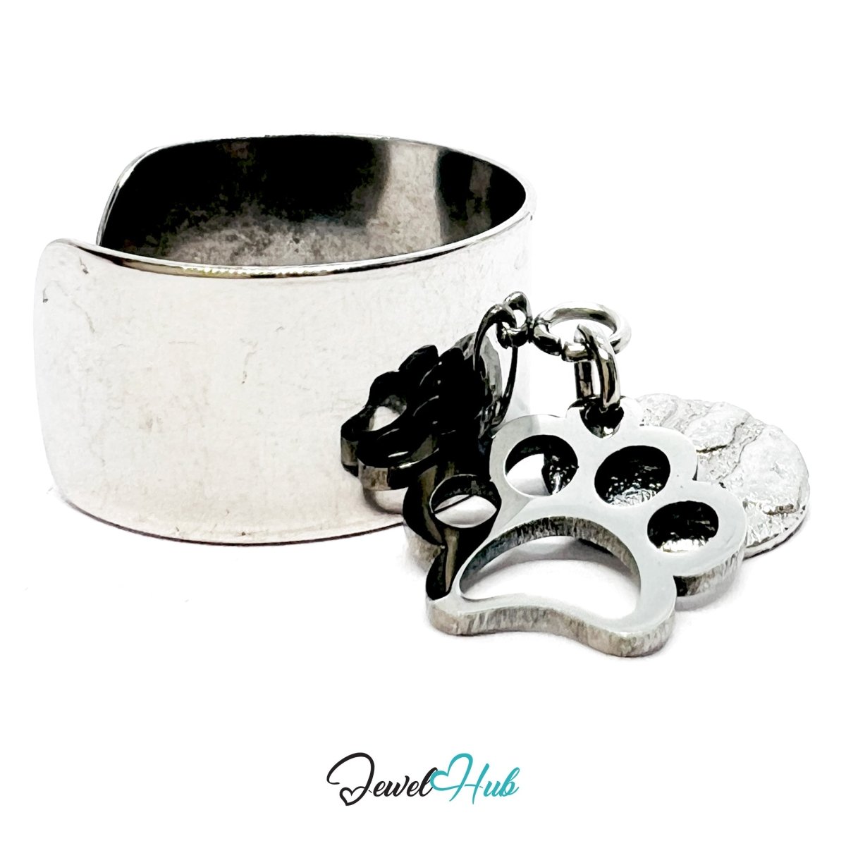 Stainless Steel DuoCharm Ring – Silver - Plated with Paw Cutout + Relief Tag - JewelHub.co.uk