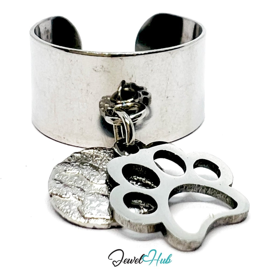 Stainless Steel DuoCharm Ring – Silver - Plated with Paw Cutout + Relief Tag - JewelHub.co.uk