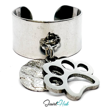 Stainless Steel DuoCharm Ring – Silver - Plated with Paw Cutout + Relief Tag - JewelHub.co.uk