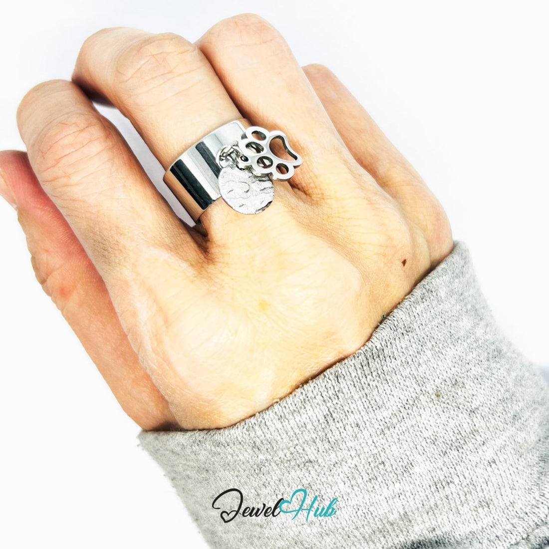 Stainless Steel DuoCharm Ring – Silver - Plated with Paw Cutout + Relief Tag - JewelHub.co.uk