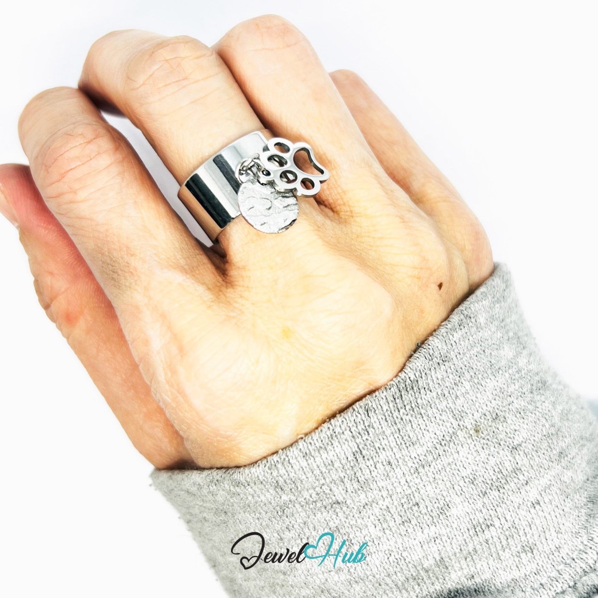 Stainless Steel DuoCharm Ring – Silver - Plated with Paw Cutout + Relief Tag - JewelHub.co.uk