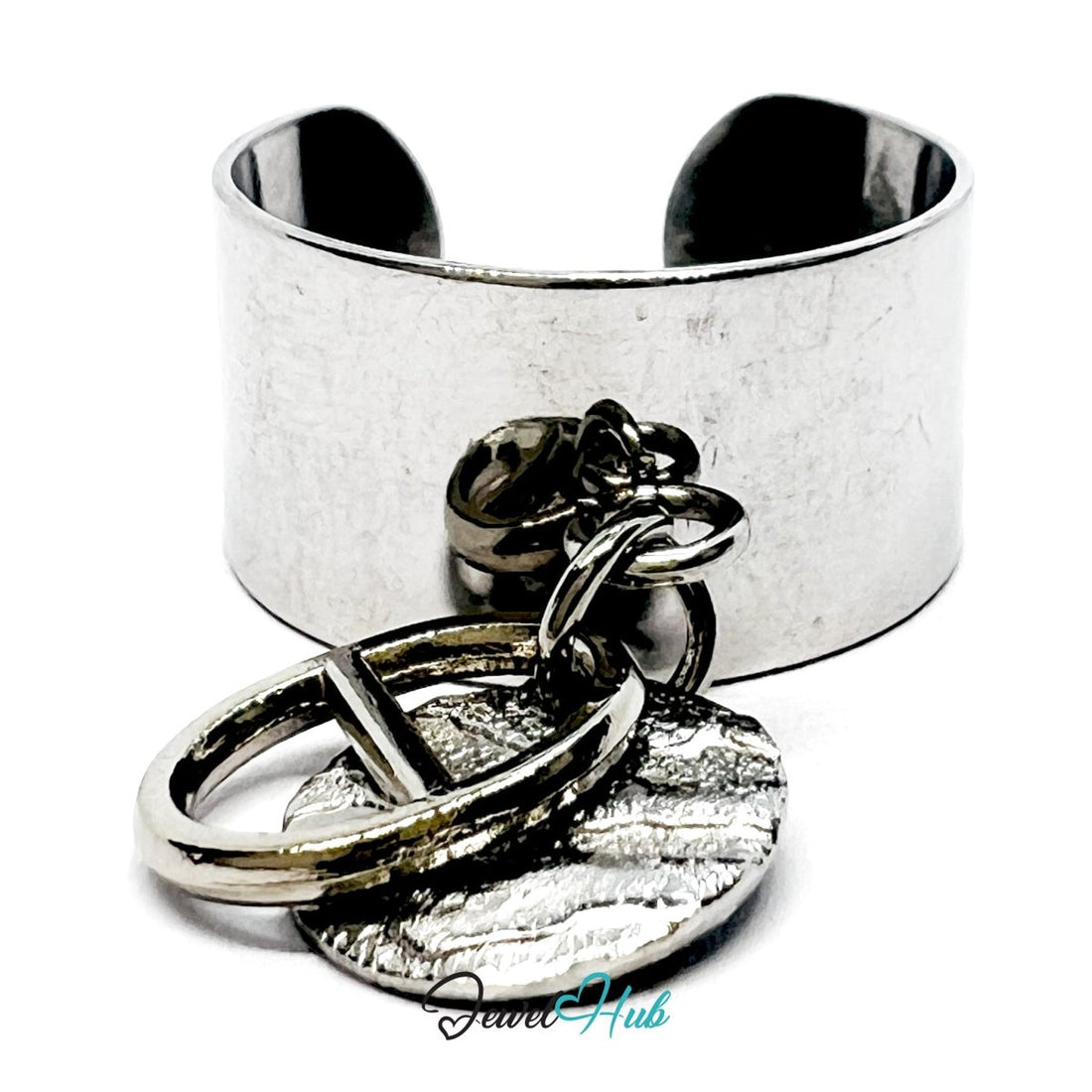 Stainless Steel DuoCharm Ring – Silver - Plated with Relief Disc + Bar Oval - JewelHub.co.uk