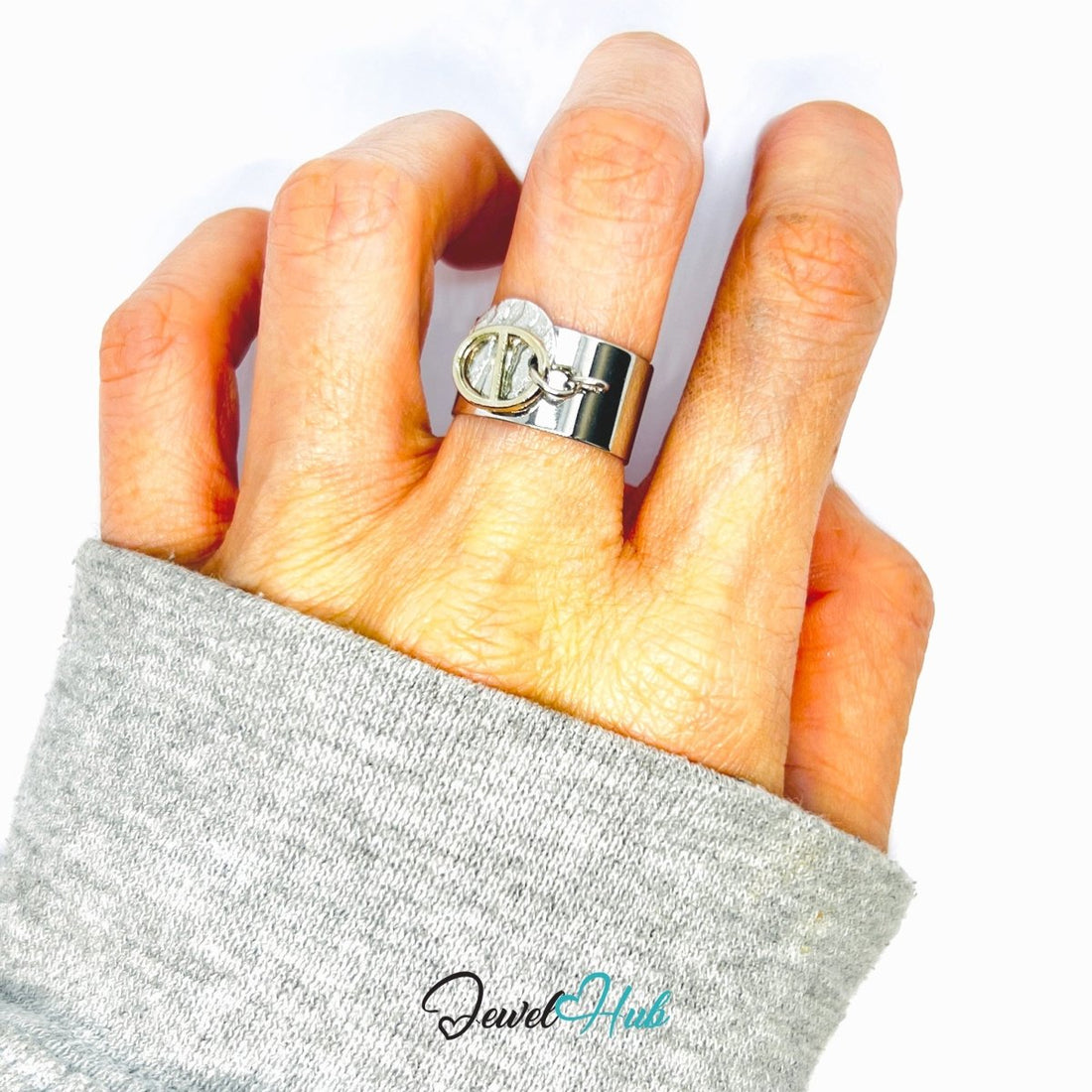 Stainless Steel DuoCharm Ring – Silver - Plated with Relief Disc + Bar Oval - JewelHub.co.uk