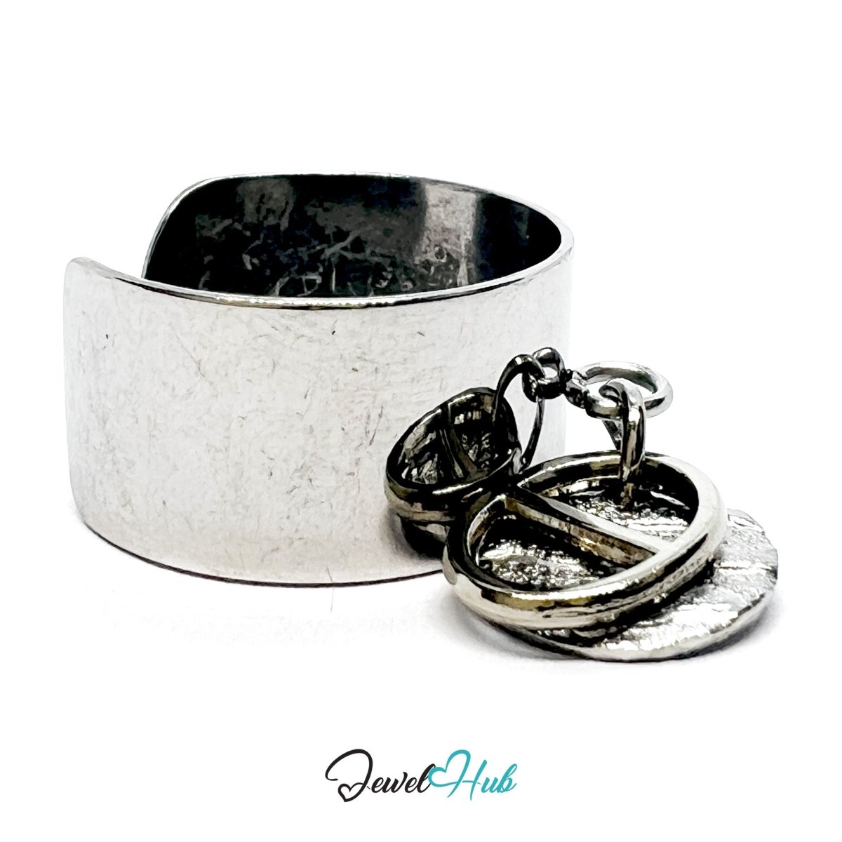 Stainless Steel DuoCharm Ring – Silver - Plated with Relief Disc + Bar Oval - JewelHub.co.uk