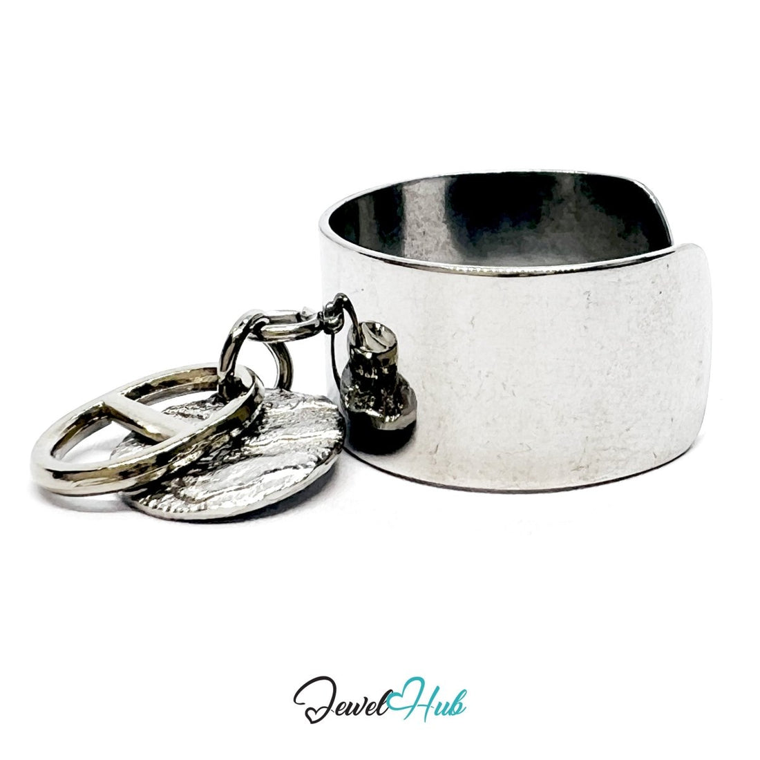 Stainless Steel DuoCharm Ring – Silver - Plated with Relief Disc + Bar Oval - JewelHub.co.uk