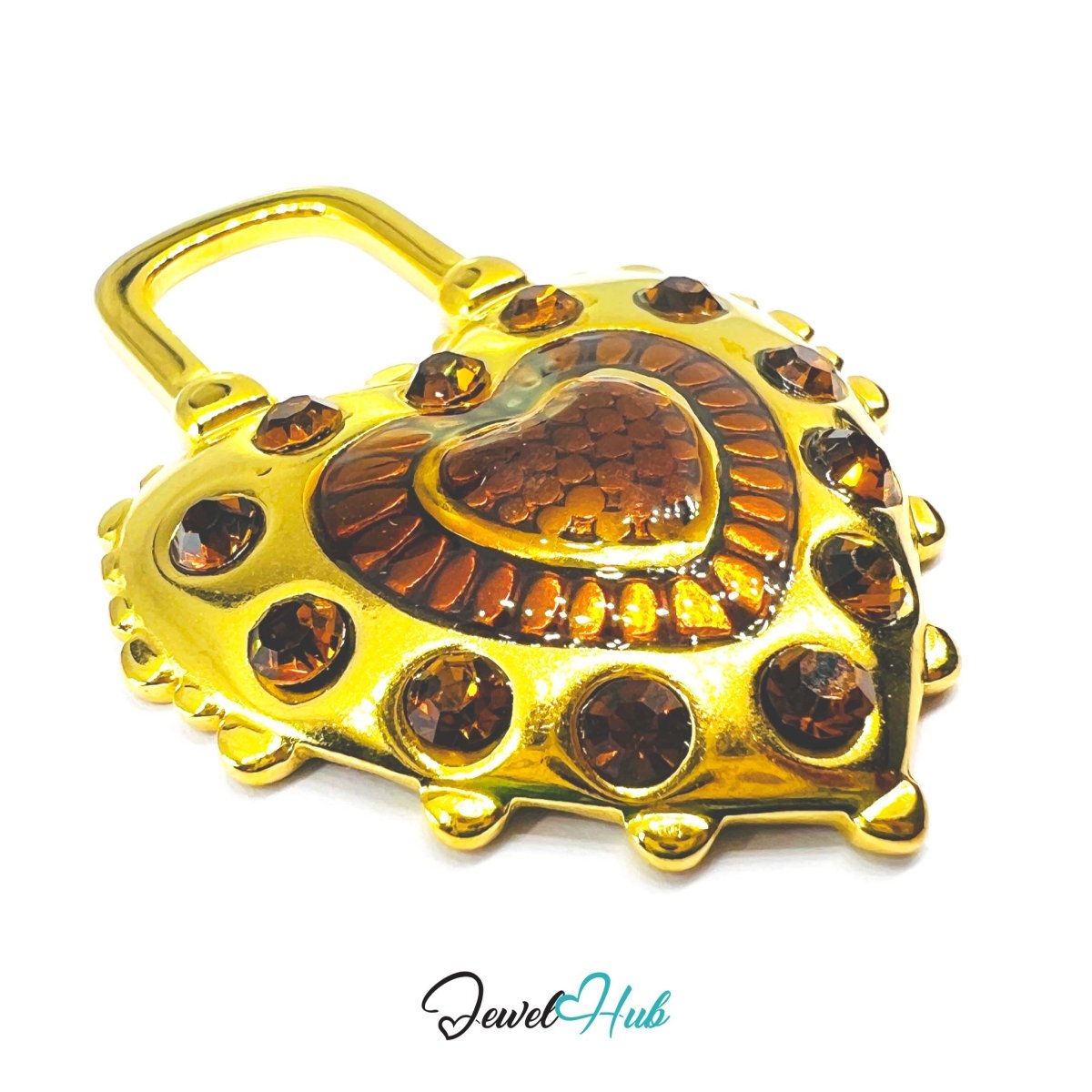 Stainless Steel Enamel Lock Heart Pendant Amber Zirconia Detail - JewelHub.co.uk