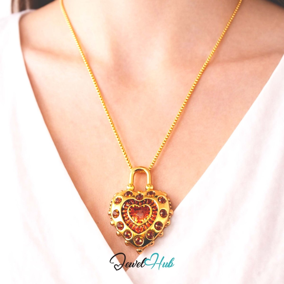 Stainless Steel Enamel Lock Heart Pendant Amber Zirconia Detail - JewelHub.co.uk