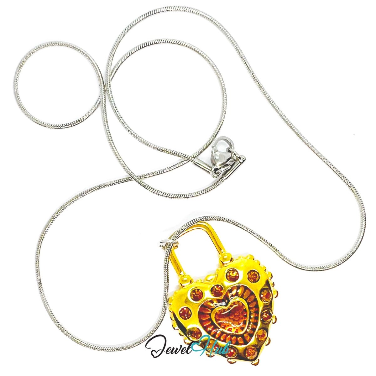 Stainless Steel Enamel Lock Heart Pendant Amber Zirconia Detail - JewelHub.co.uk