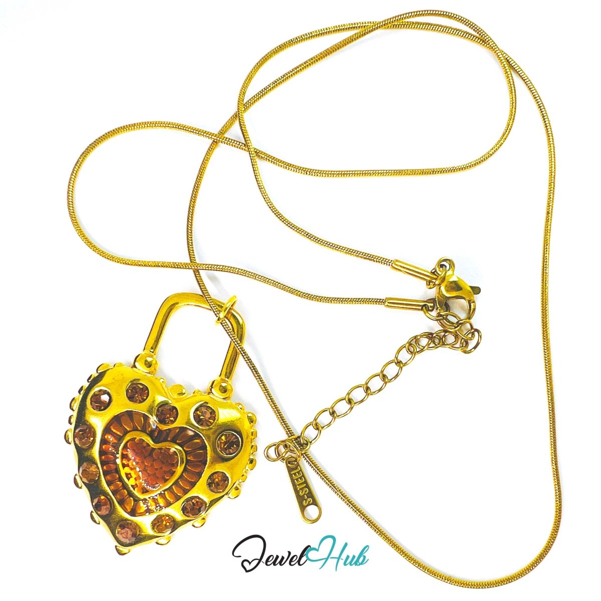 Stainless Steel Enamel Lock Heart Pendant Amber Zirconia Detail - JewelHub.co.uk