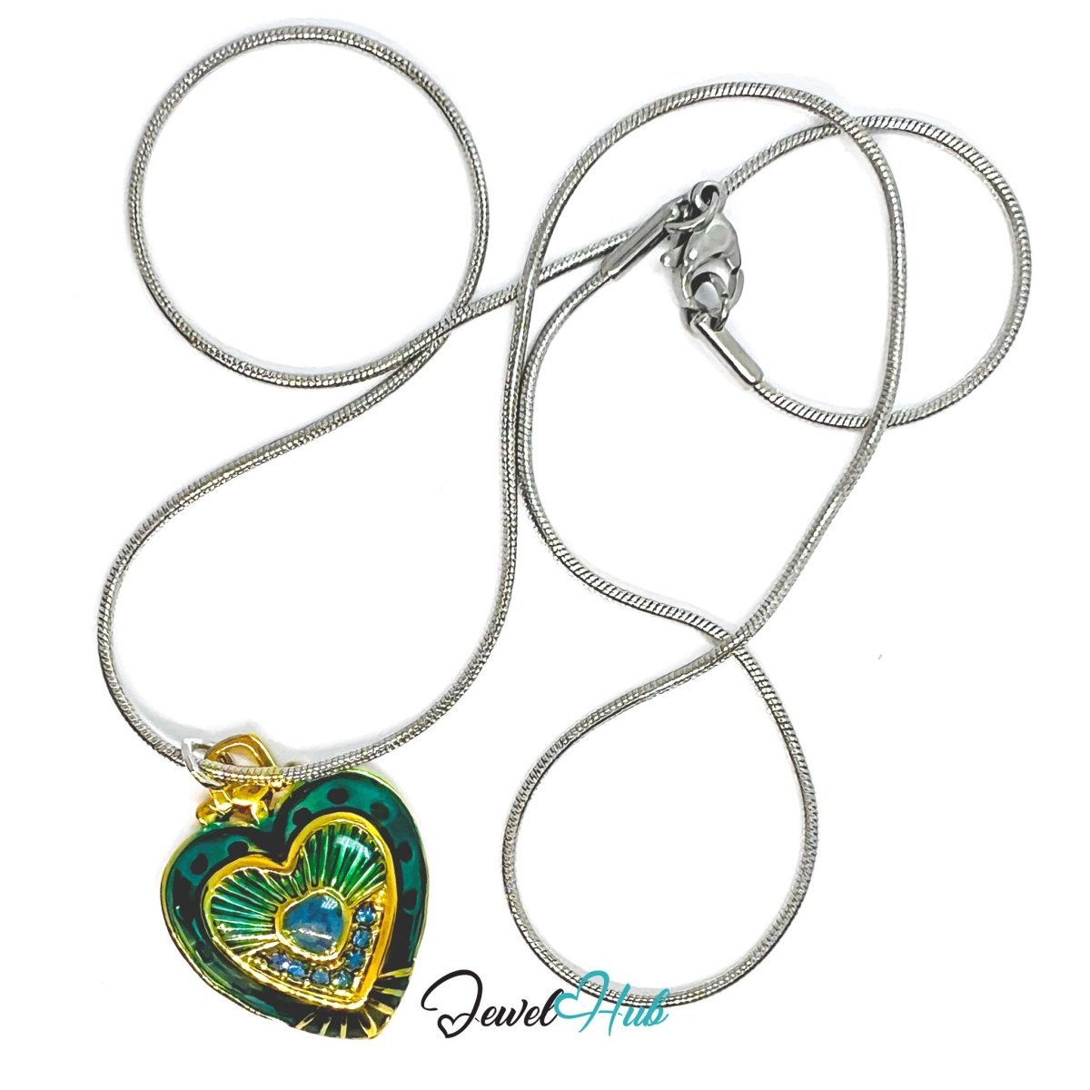 Stainless Steel Green Enamel Heart Pendant with Sapphire Detail - JewelHub.co.uk