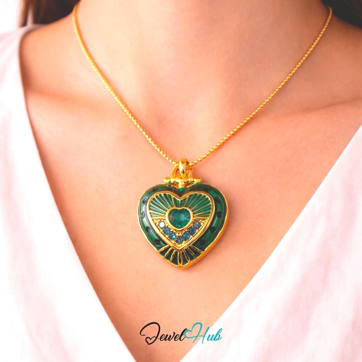 Stainless Steel Green Enamel Heart Pendant with Sapphire Detail - JewelHub.co.uk