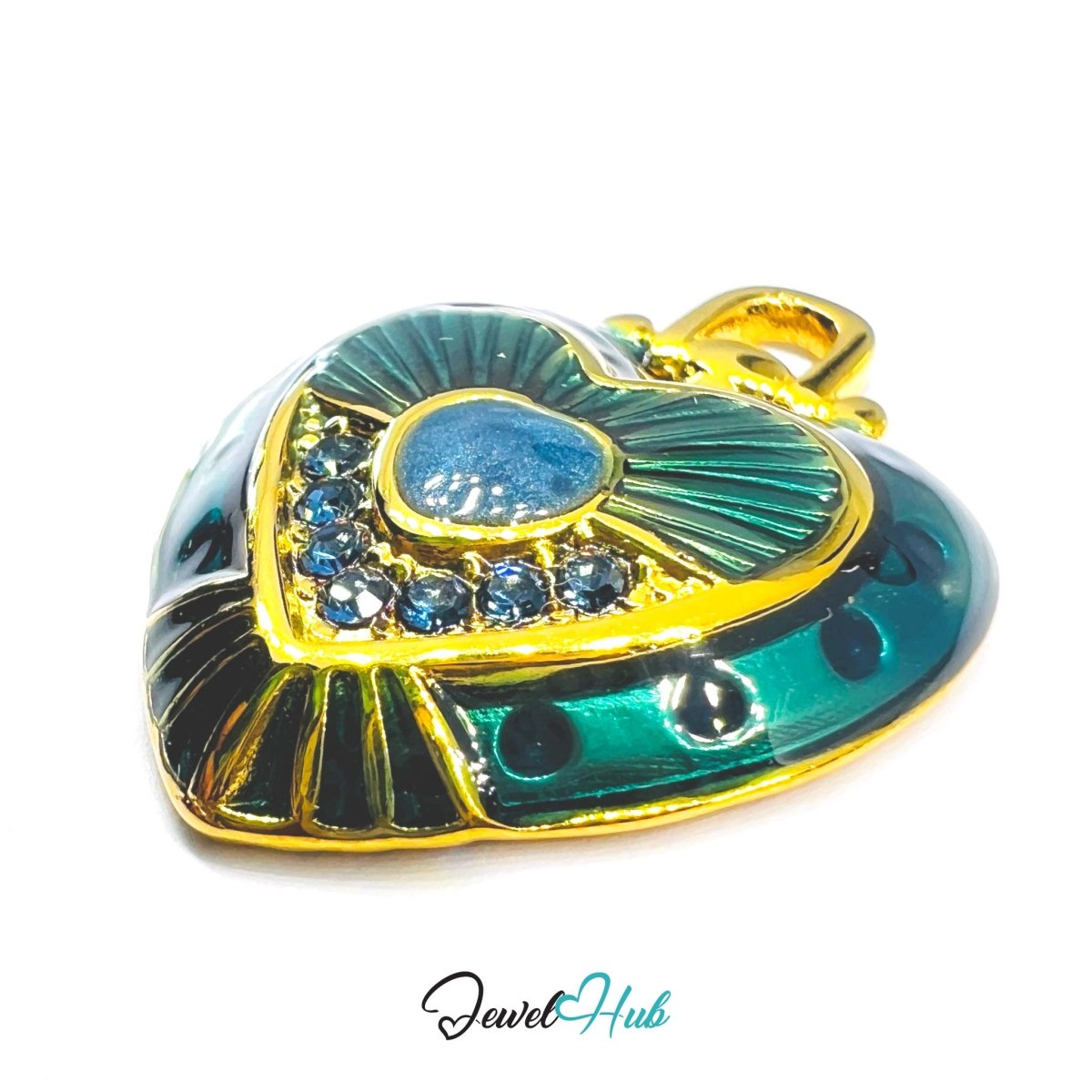 Stainless Steel Green Enamel Heart Pendant with Sapphire Detail - JewelHub.co.uk