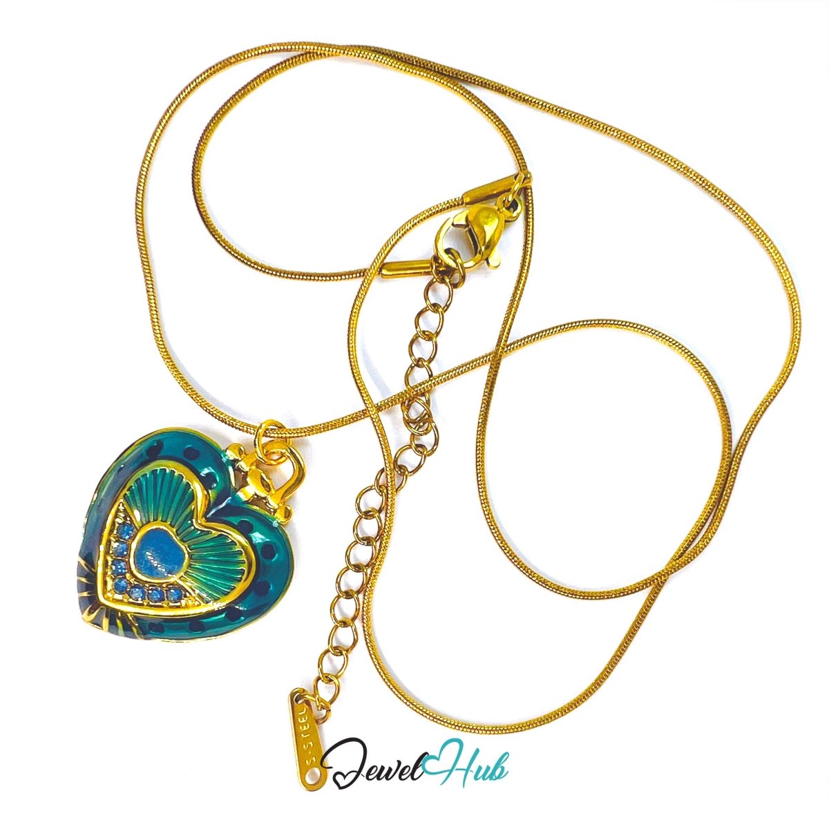 Stainless Steel Green Enamel Heart Pendant with Sapphire Detail - JewelHub.co.uk