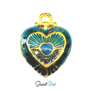Stainless Steel Green Enamel Heart Pendant with Sapphire Detail - JewelHub.co.uk