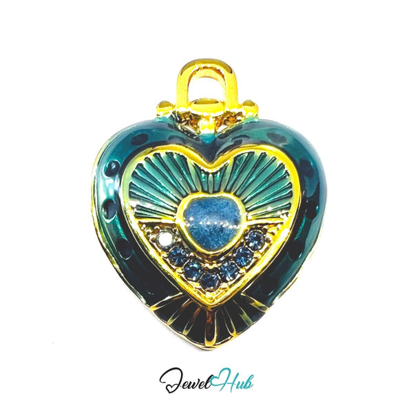 Stainless Steel Green Enamel Heart Pendant with Sapphire Detail - JewelHub.co.uk