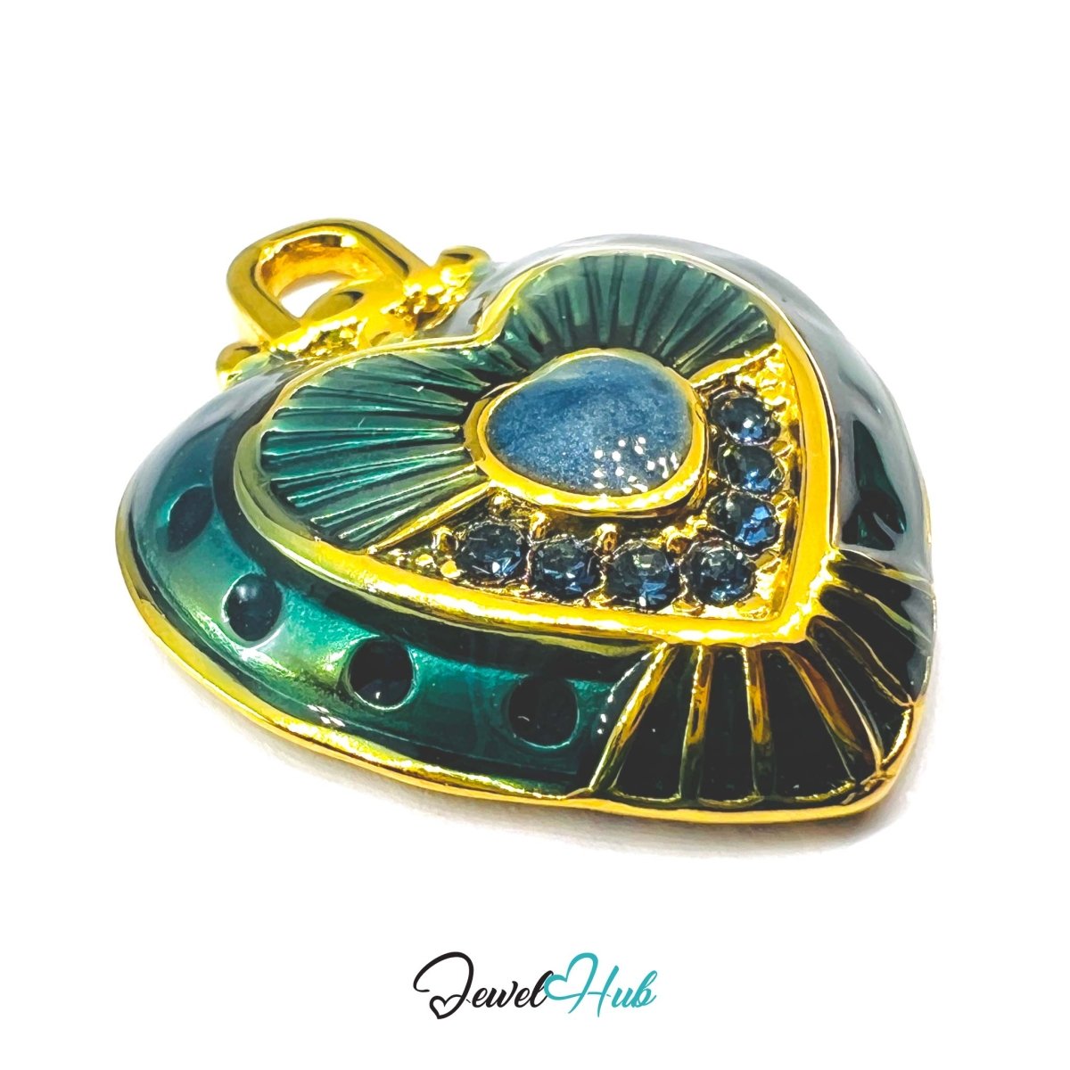 Stainless Steel Green Enamel Heart Pendant with Sapphire Detail - JewelHub.co.uk