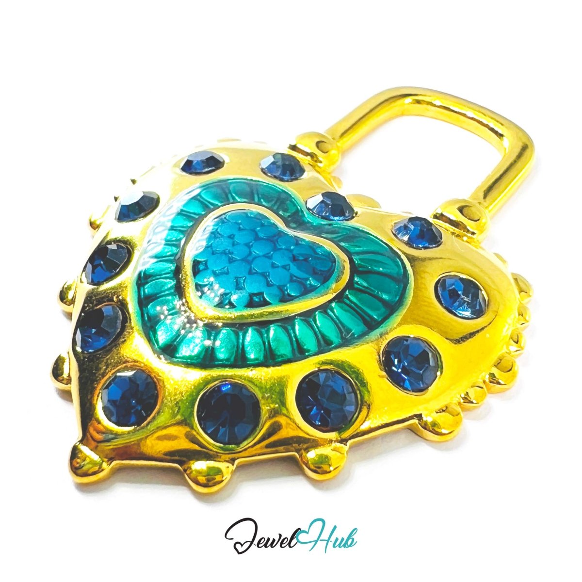 Stainless Steel Green Enamel Lock Heart Pendant Blue Stone Detail - JewelHub.co.uk