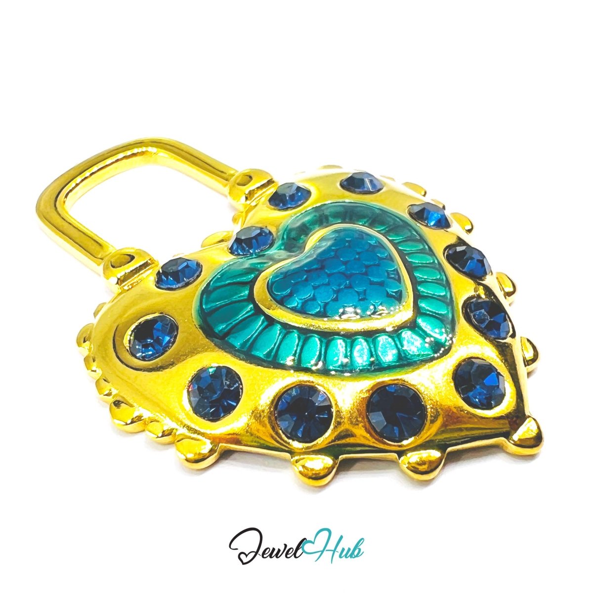 Stainless Steel Green Enamel Lock Heart Pendant Blue Stone Detail - JewelHub.co.uk