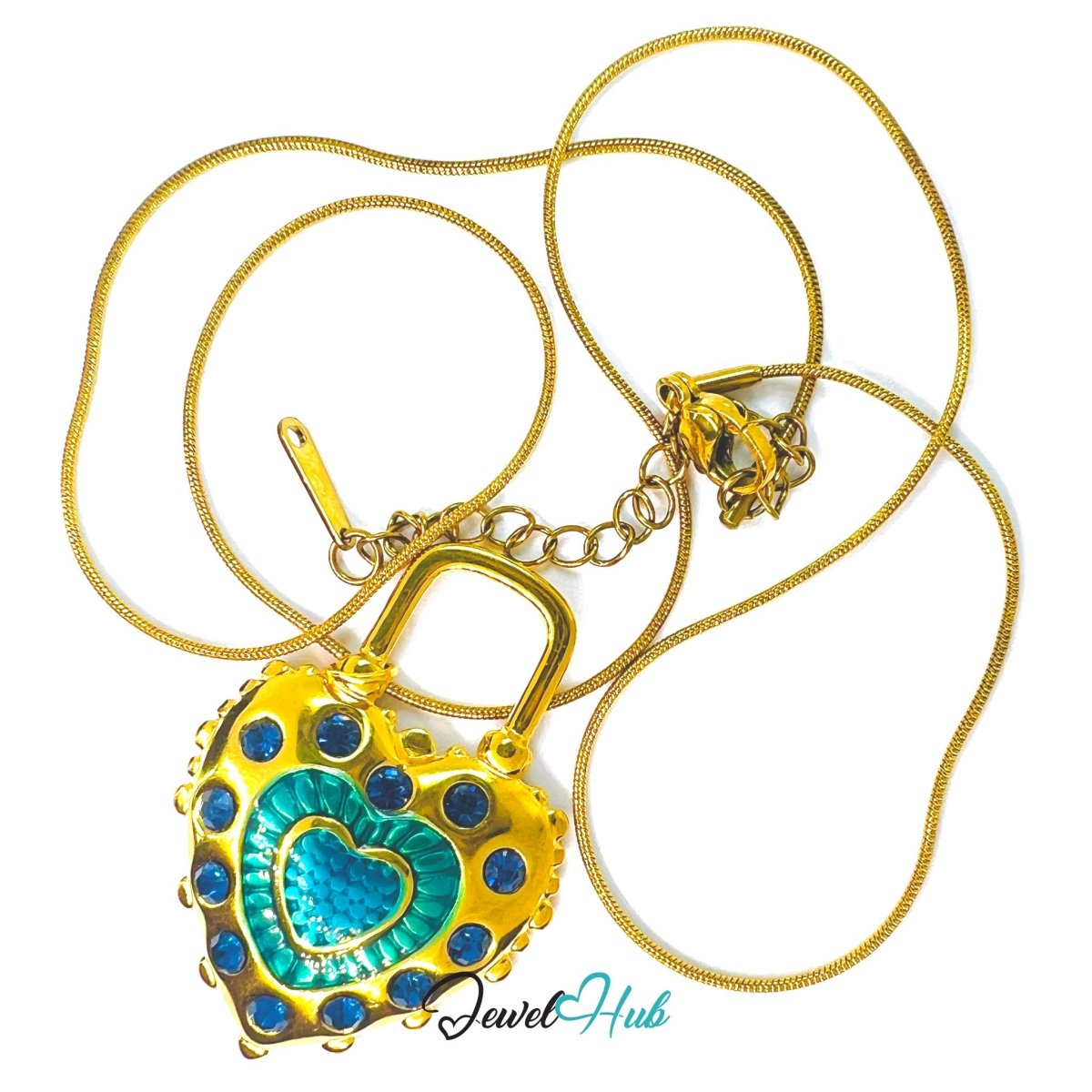Stainless Steel Green Enamel Lock Heart Pendant Blue Stone Detail - JewelHub.co.uk