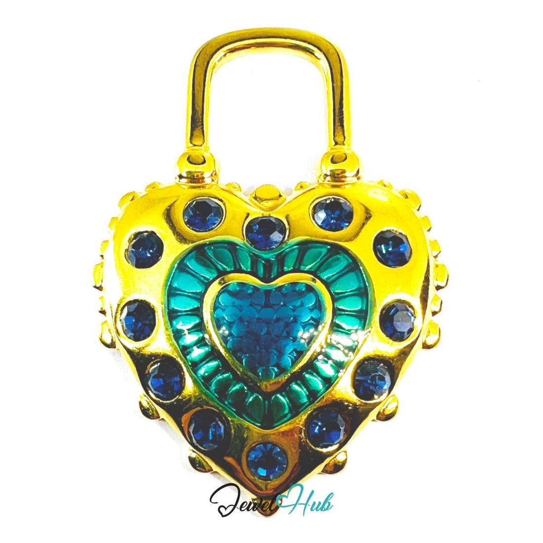 Stainless Steel Green Enamel Lock Heart Pendant Blue Stone Detail - JewelHub.co.uk