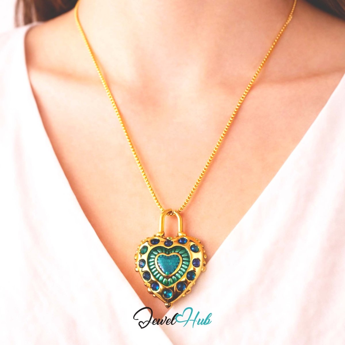 Stainless Steel Green Enamel Lock Heart Pendant Blue Stone Detail - JewelHub.co.uk
