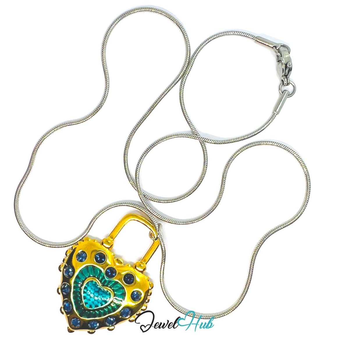Stainless Steel Green Enamel Lock Heart Pendant Blue Stone Detail - JewelHub.co.uk