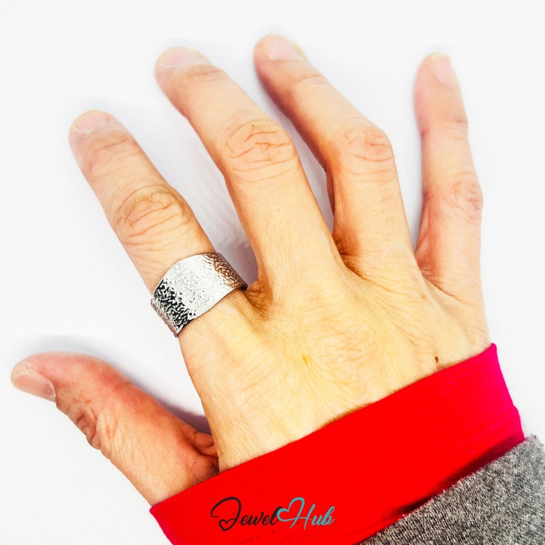 Stainless Steel Hammered Silver Ring – Wide Textured Band - JewelHub.co.uk