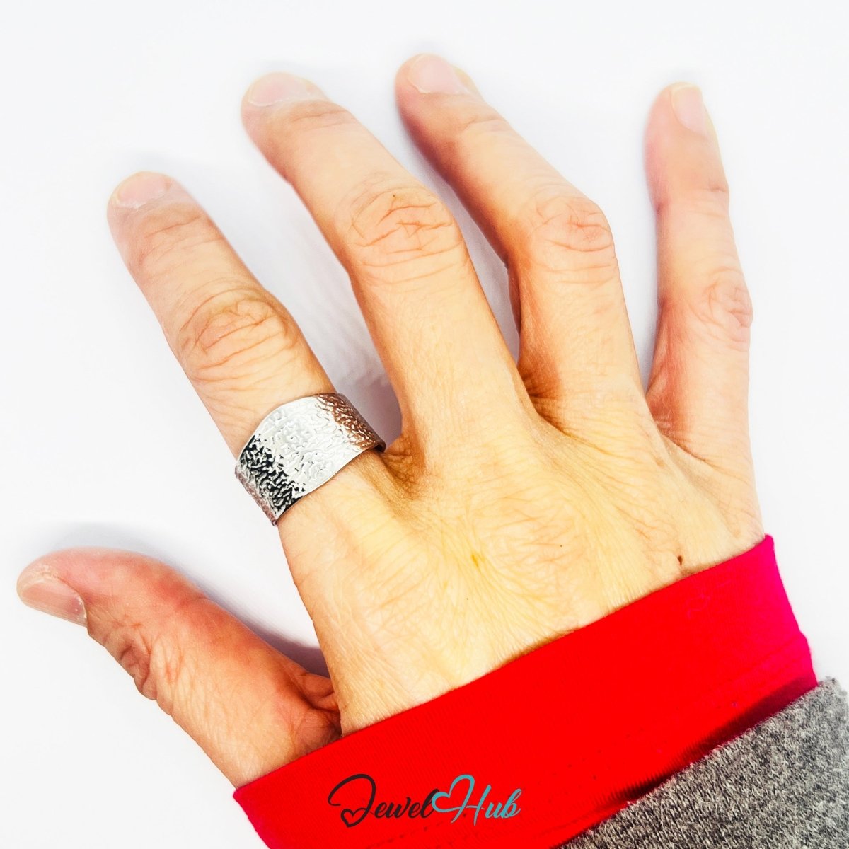 Stainless Steel Hammered Silver Ring – Wide Textured Band - JewelHub.co.uk