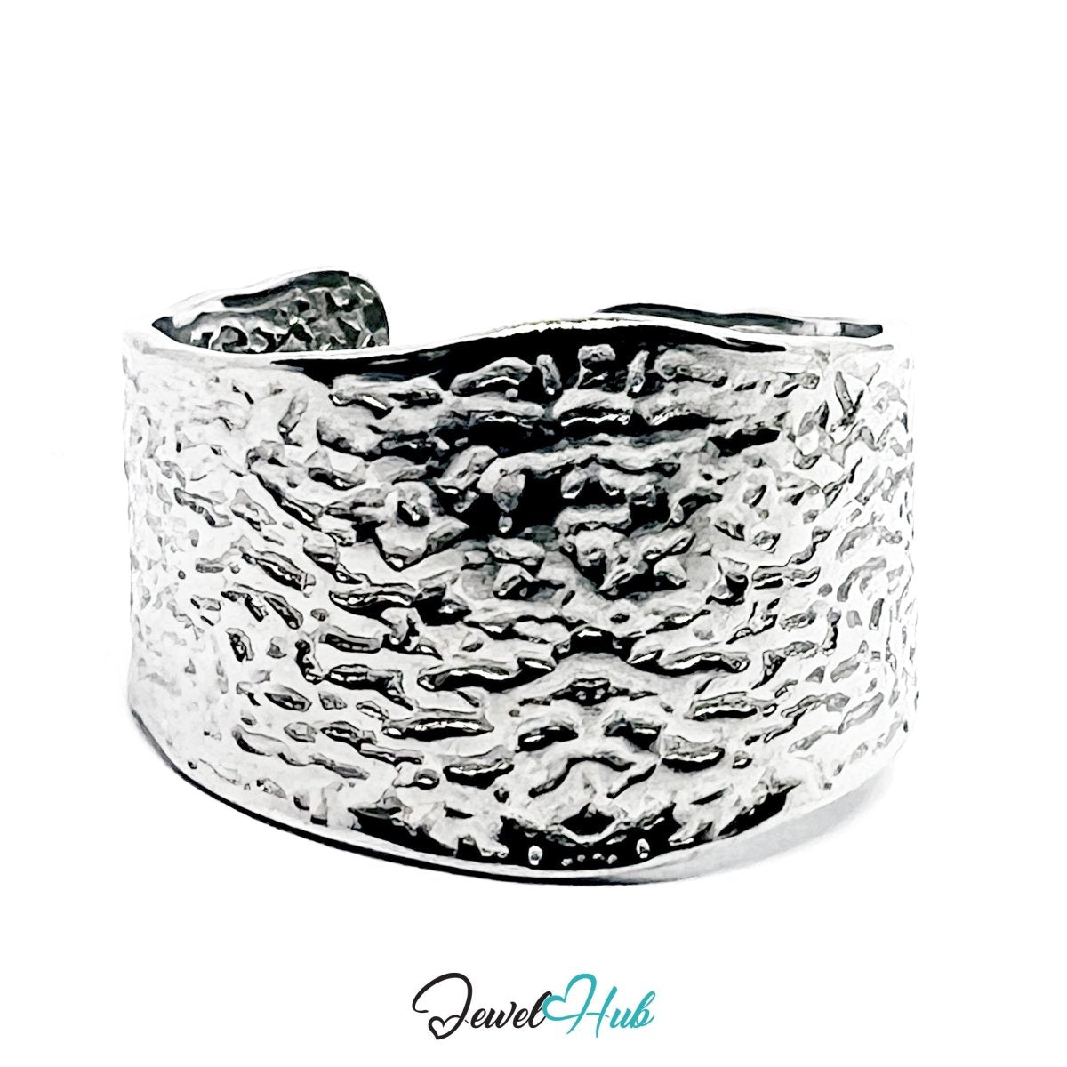 Stainless Steel Hammered Silver Ring – Wide Textured Band - JewelHub.co.uk