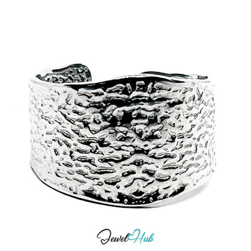 Stainless Steel Hammered Silver Ring – Wide Textured Band - JewelHub.co.uk