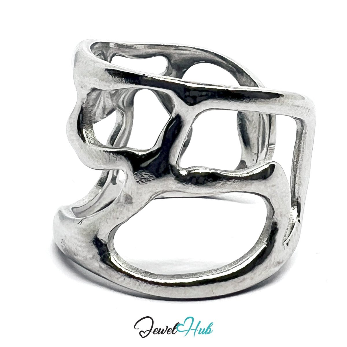 Stainless Steel Hollow Openwork Silver Ring – Sculptural Asymmetry - JewelHub.co.uk