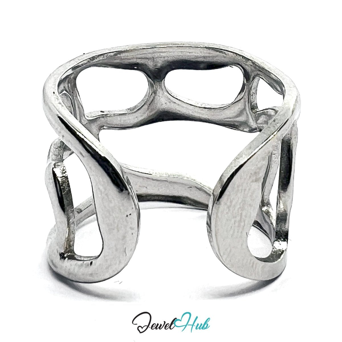 Stainless Steel Hollow Openwork Silver Ring – Sculptural Asymmetry - JewelHub.co.uk