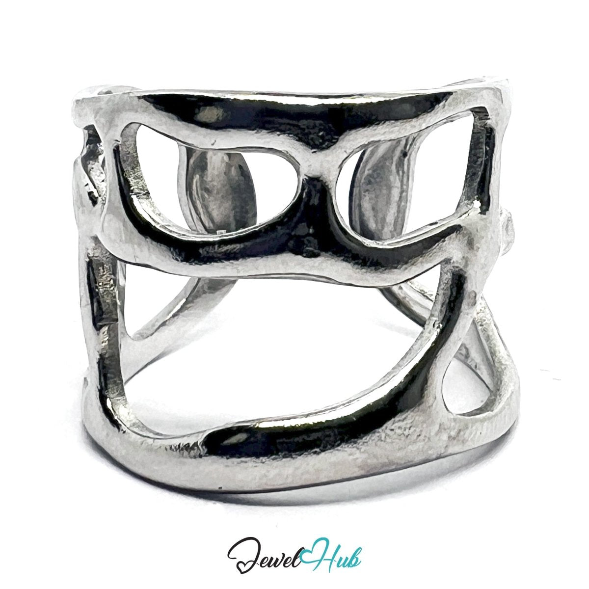 Stainless Steel Hollow Openwork Silver Ring – Sculptural Asymmetry - JewelHub.co.uk
