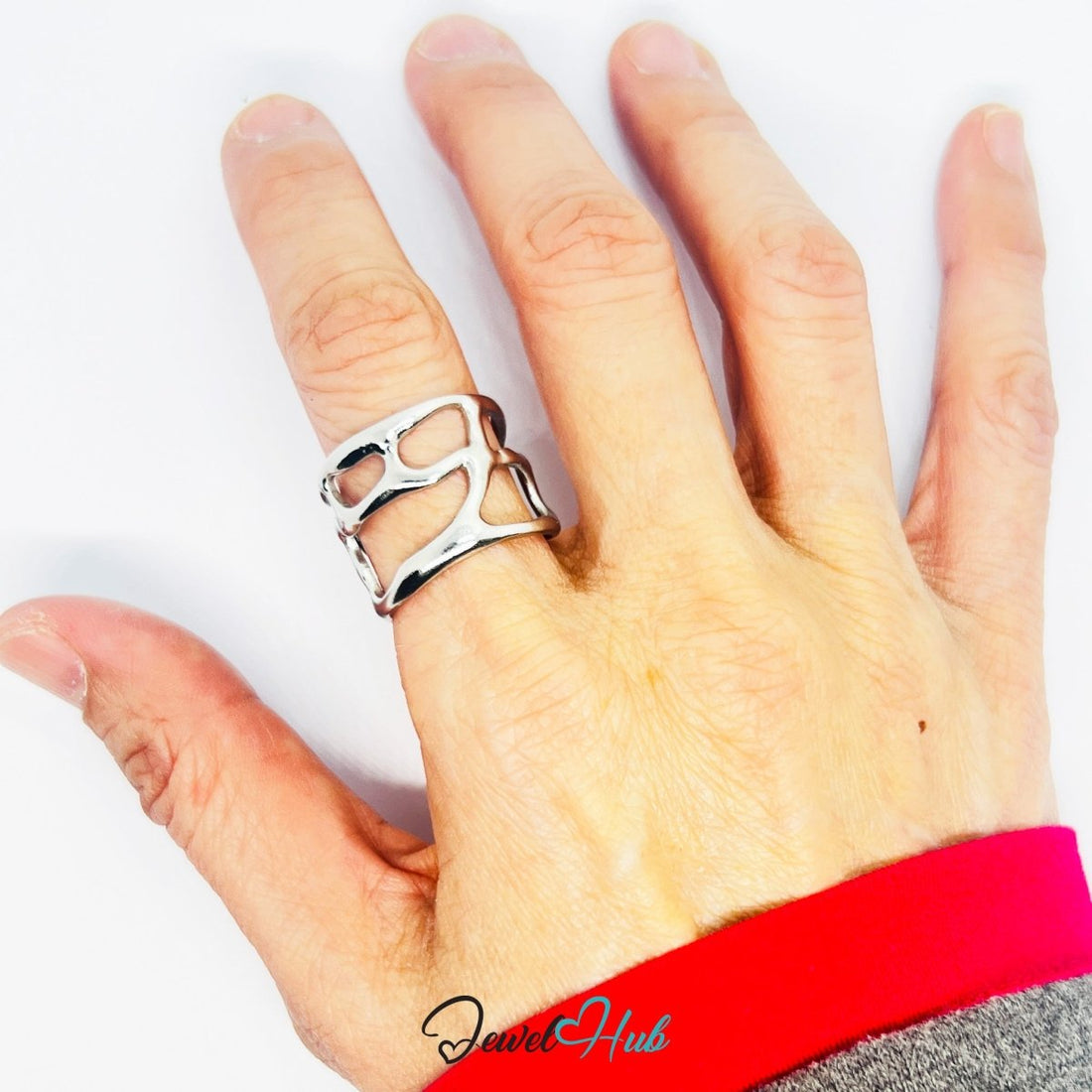 Stainless Steel Hollow Openwork Silver Ring – Sculptural Asymmetry - JewelHub.co.uk