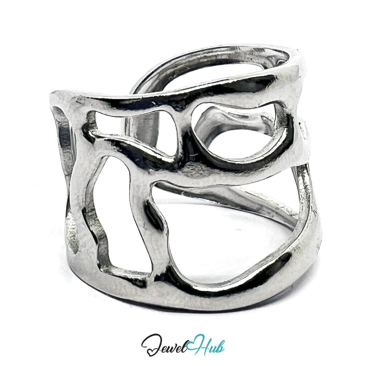 Stainless Steel Hollow Openwork Silver Ring – Sculptural Asymmetry - JewelHub.co.uk
