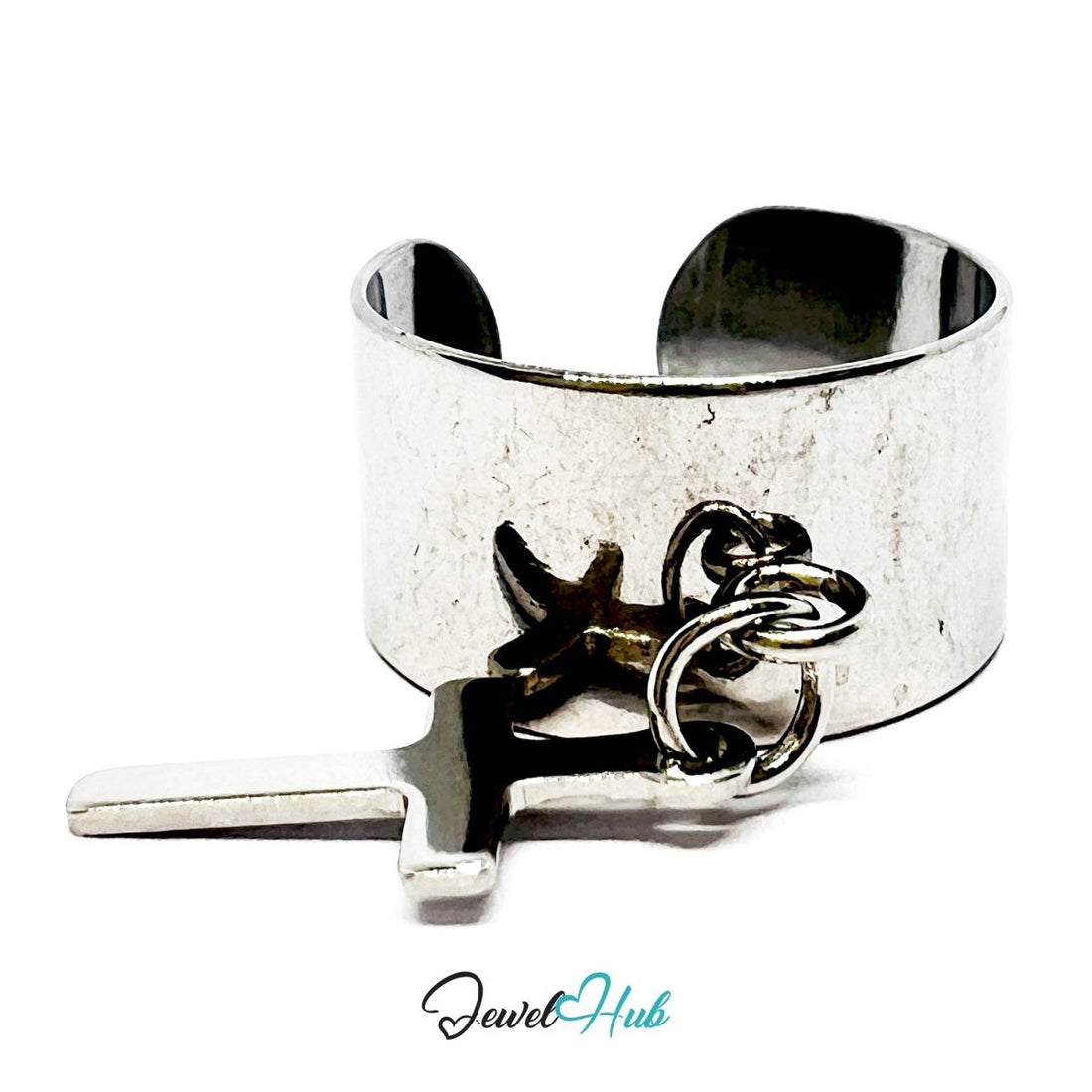 Stainless Steel Holy Cross Charm Ring – Silver - Plated Wide Band, Adjustable Fit - JewelHub.co.uk