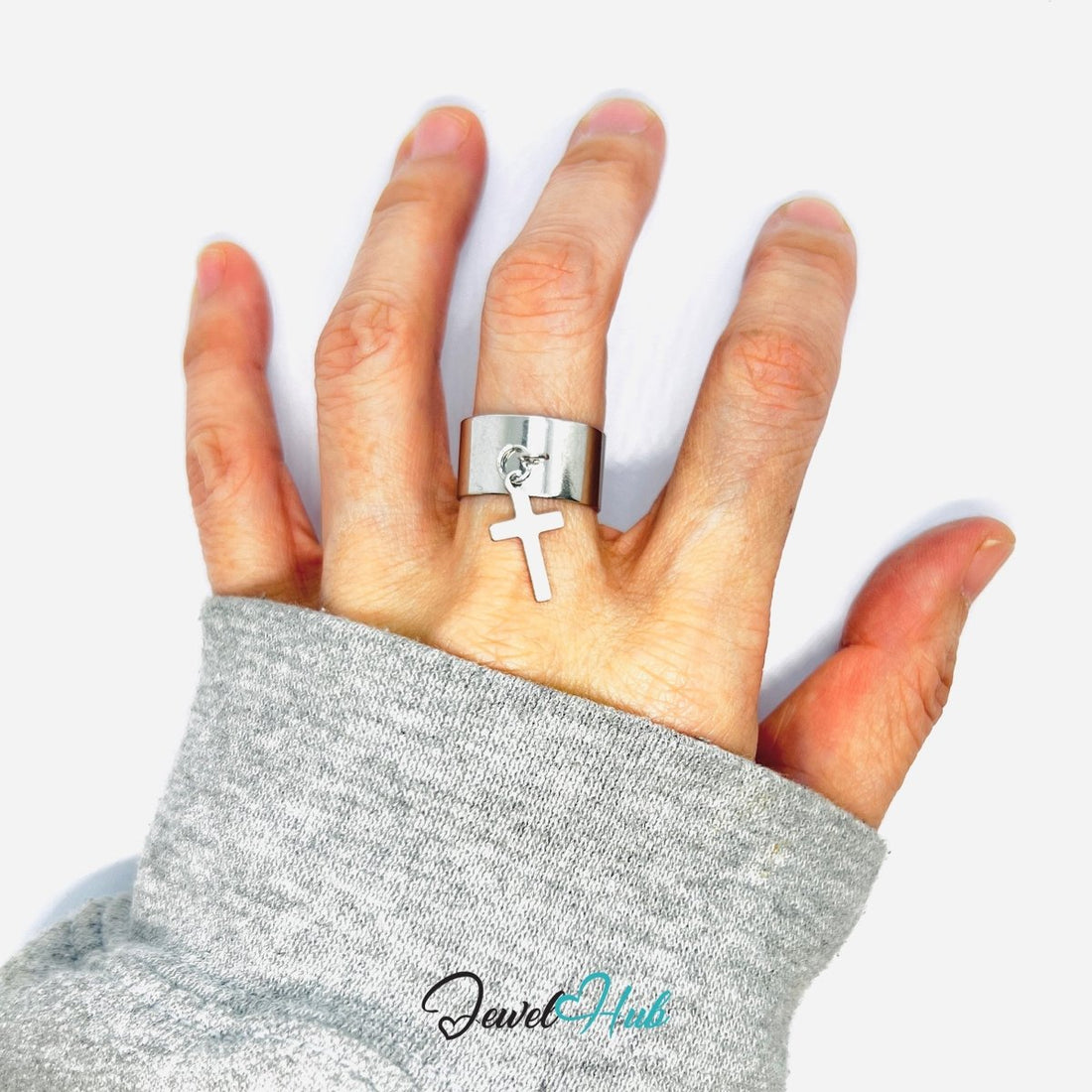 Stainless Steel Holy Cross Charm Ring – Silver - Plated Wide Band, Adjustable Fit - JewelHub.co.uk
