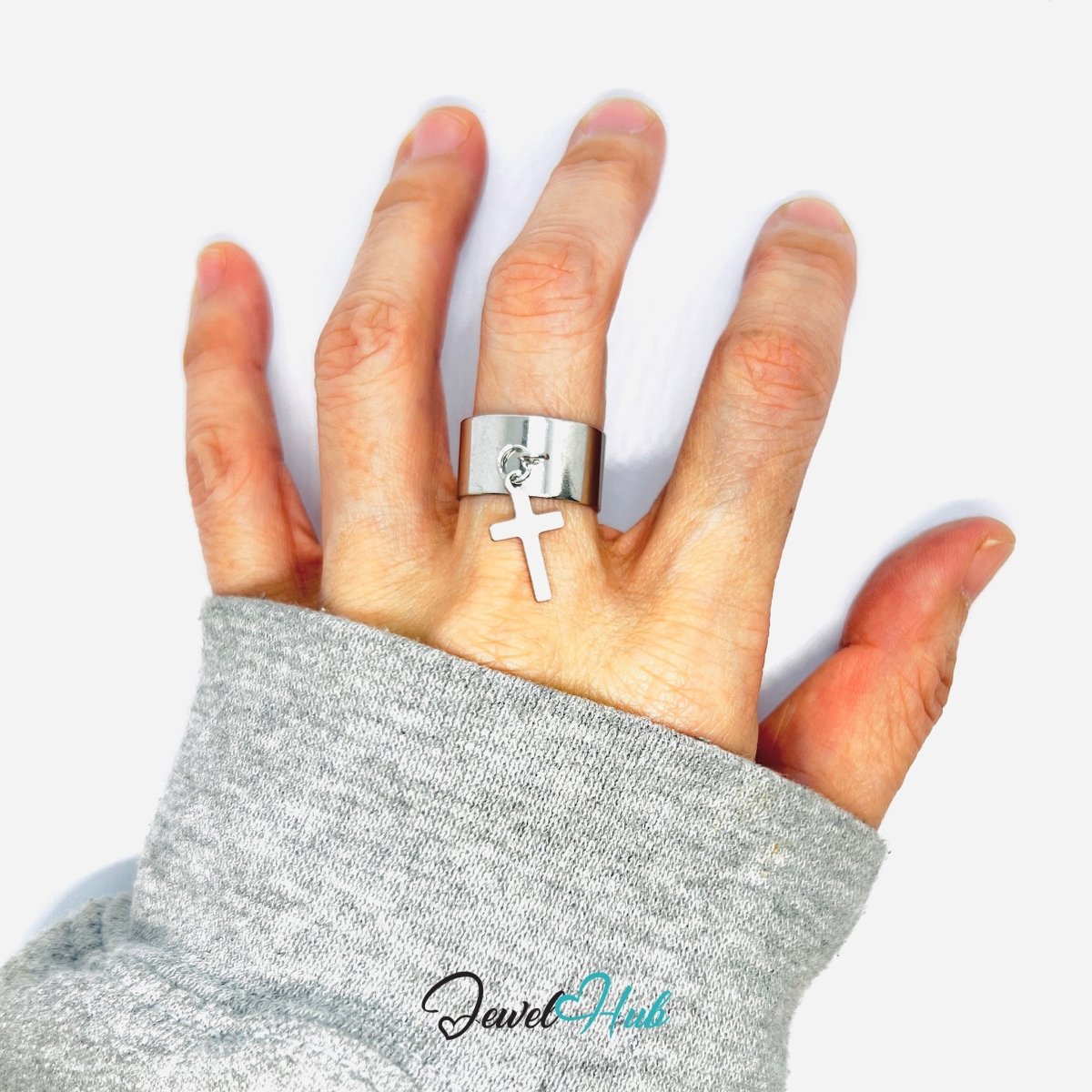 Stainless Steel Holy Cross Charm Ring – Silver - Plated Wide Band, Adjustable Fit - JewelHub.co.uk