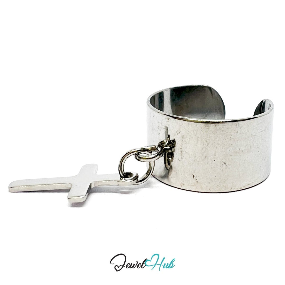 Stainless Steel Holy Cross Charm Ring – Silver - Plated Wide Band, Adjustable Fit - JewelHub.co.uk