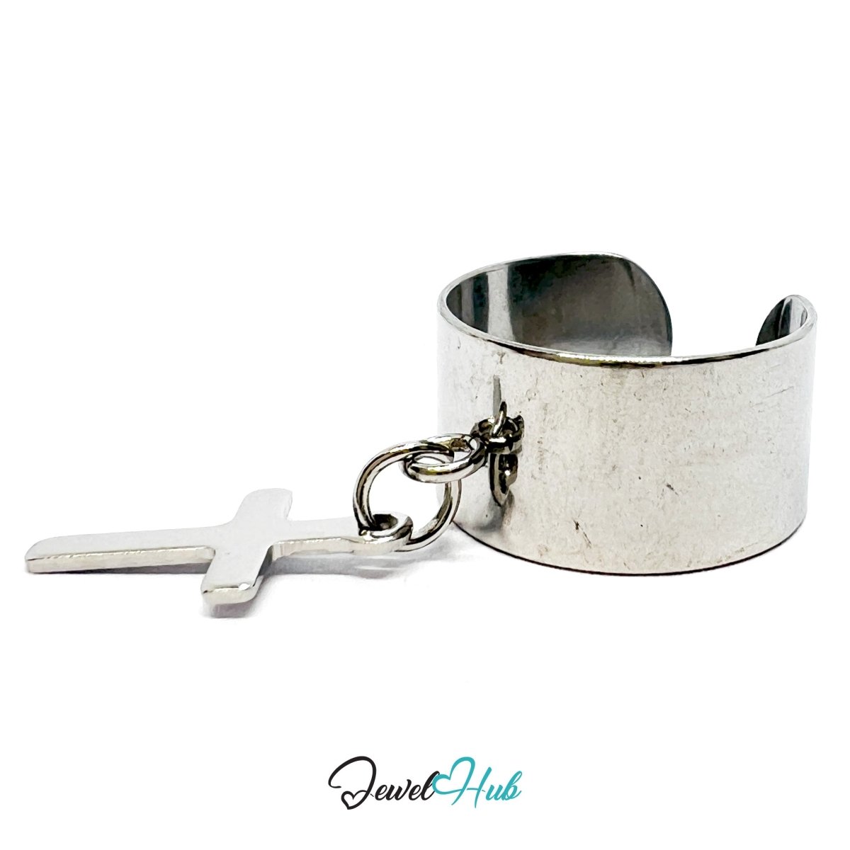 Stainless Steel Holy Cross Charm Ring – Silver - Plated Wide Band, Adjustable Fit - JewelHub.co.uk