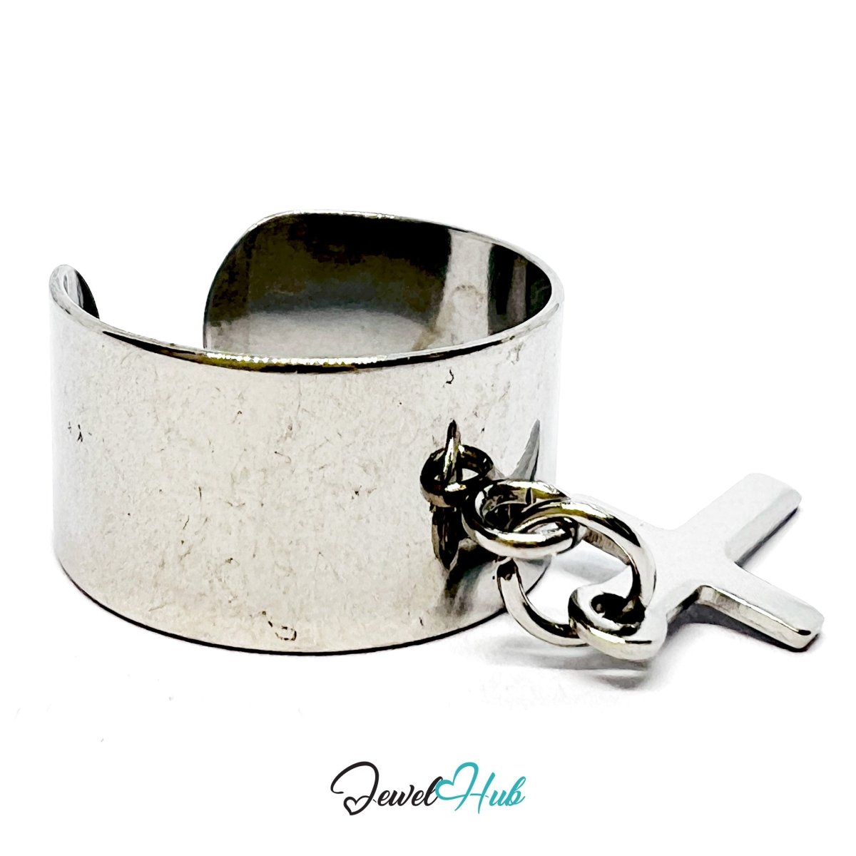 Stainless Steel Holy Cross Charm Ring – Silver - Plated Wide Band, Adjustable Fit - JewelHub.co.uk